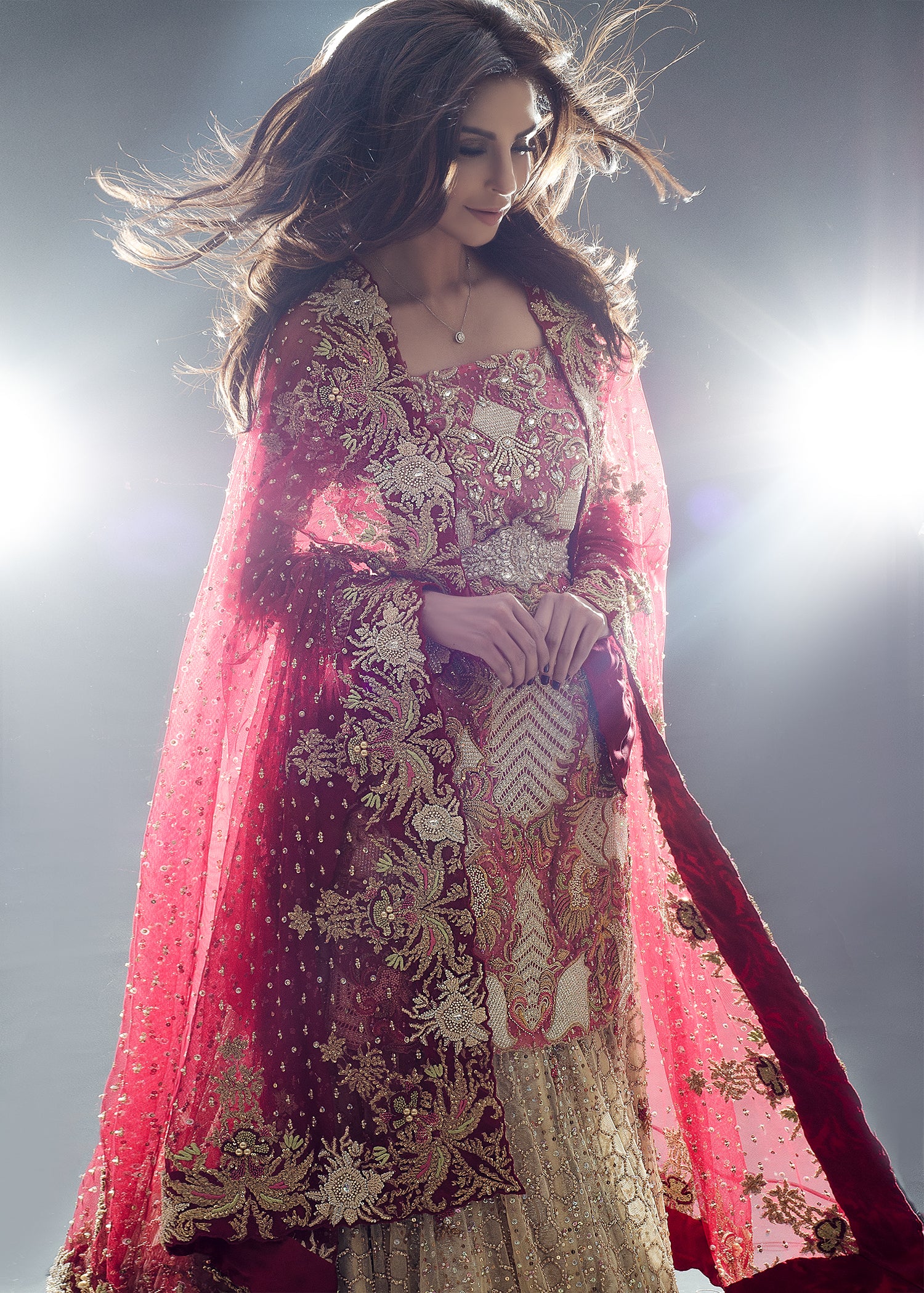 Pink and Gold Embroidered Net Bridal Gown (2-Piece) - Image 2