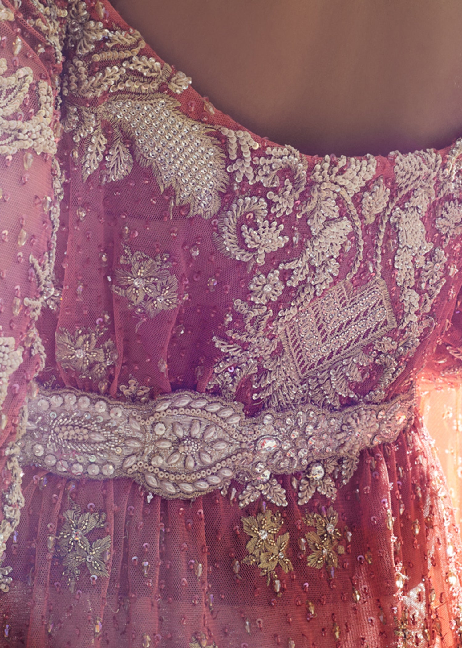Pink and Gold Embroidered Net Bridal Gown (2-Piece) - Image 3