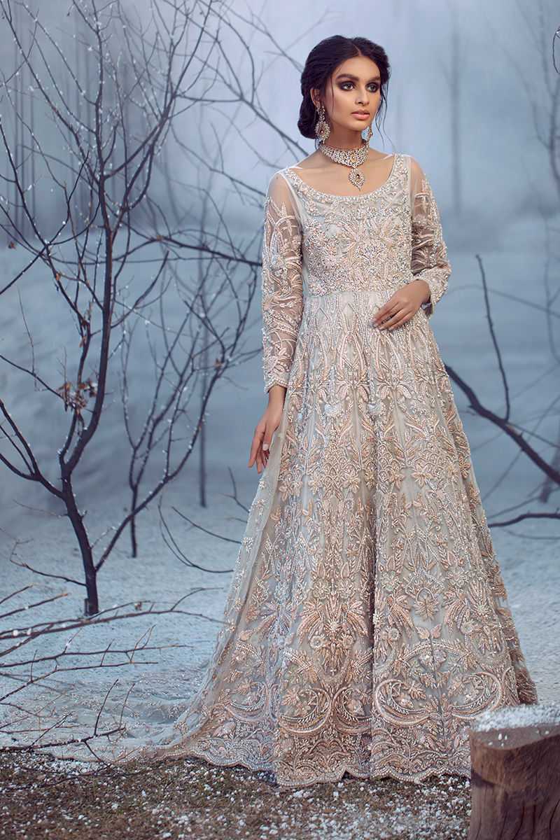 Pakistani Peach Embroidered Net Gown (2-Piece) - Image 1