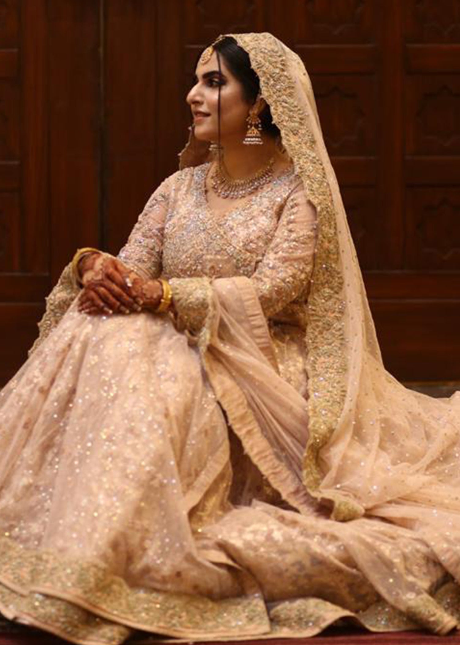 Pakistani Blush Pink Embellished Net Bridal Gown (2-Piece) - Image 2