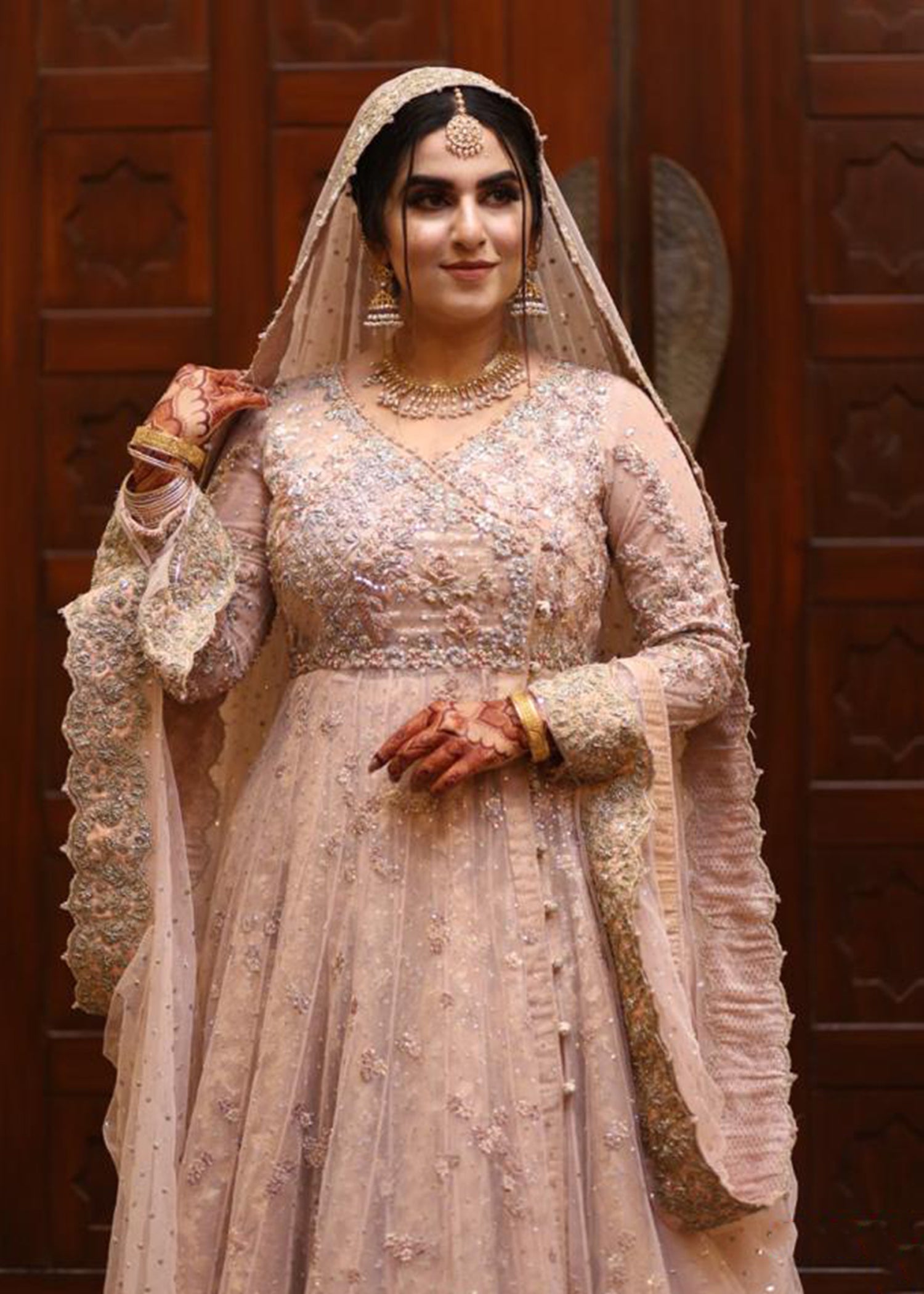 Pakistani Blush Pink Embellished Net Bridal Gown (2-Piece) - Image 3