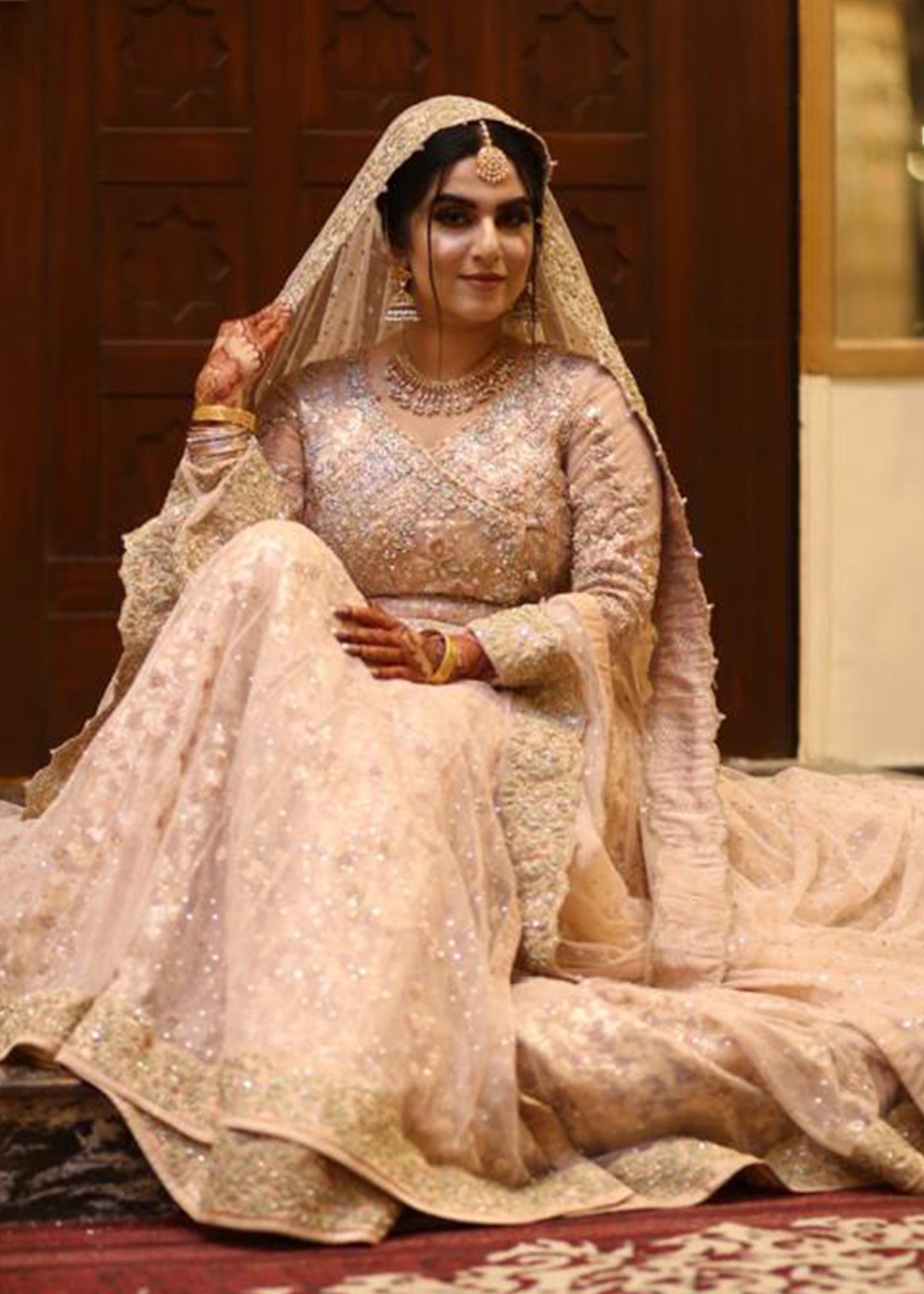 Pakistani Blush Pink Embellished Net Bridal Gown (2-Piece) - Image 4