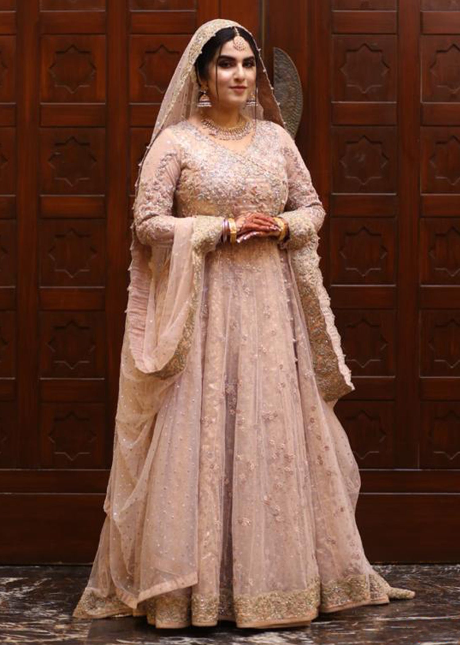 Pakistani Blush Pink Embellished Net Bridal Gown (2-Piece) - Image 5