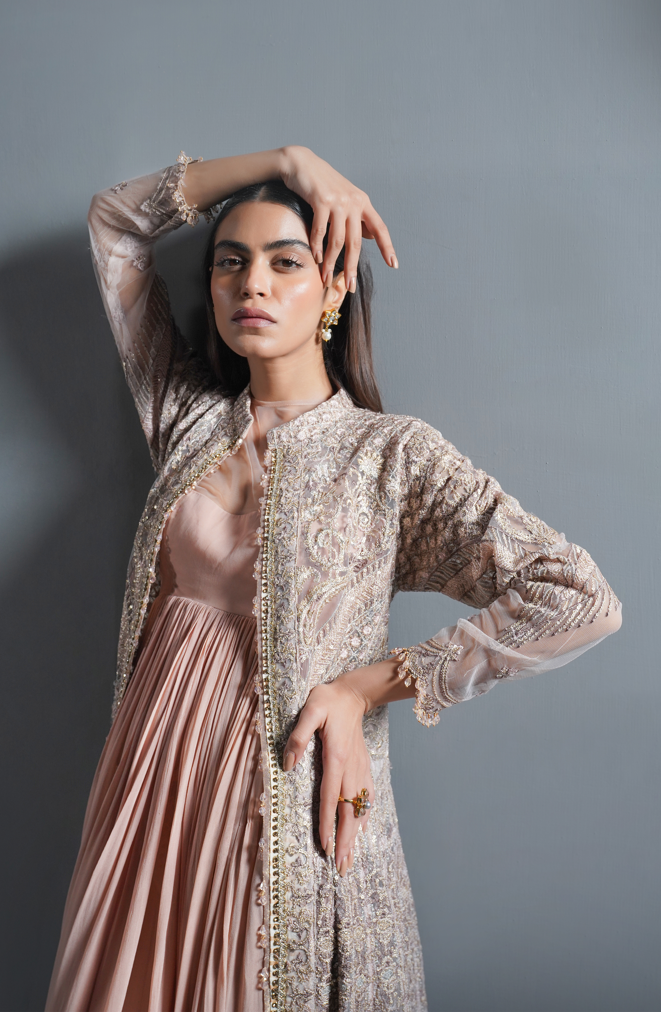Powder Pink Embroidered Net Jacket with Chiffon Gown (2-Piece) - Image 1