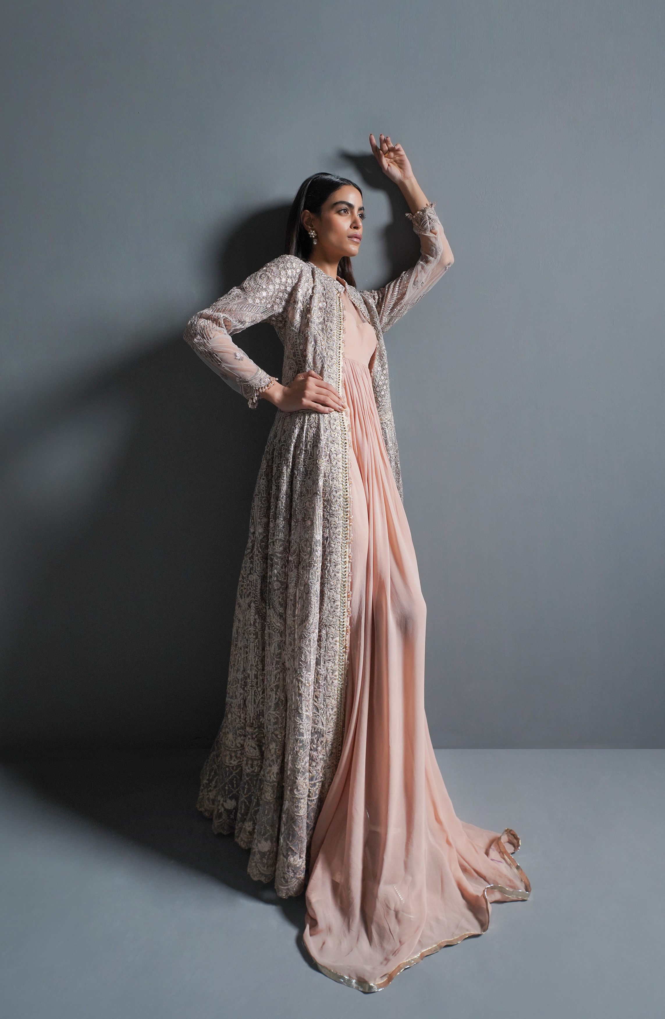 Powder Pink Embroidered Net Jacket with Chiffon Gown (2-Piece) - Image 2