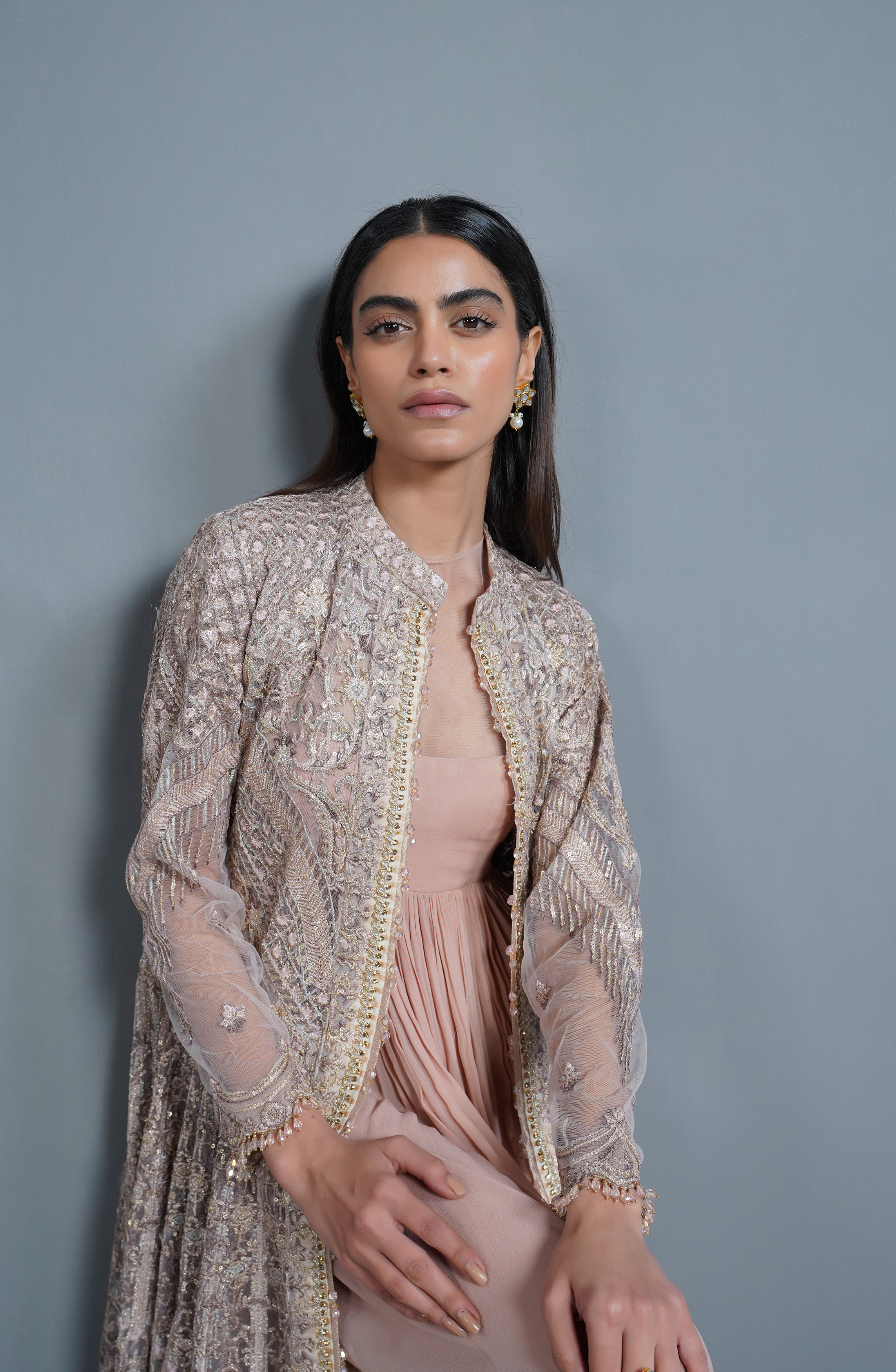 Powder Pink Embroidered Net Jacket with Chiffon Gown (2-Piece) - Image 4