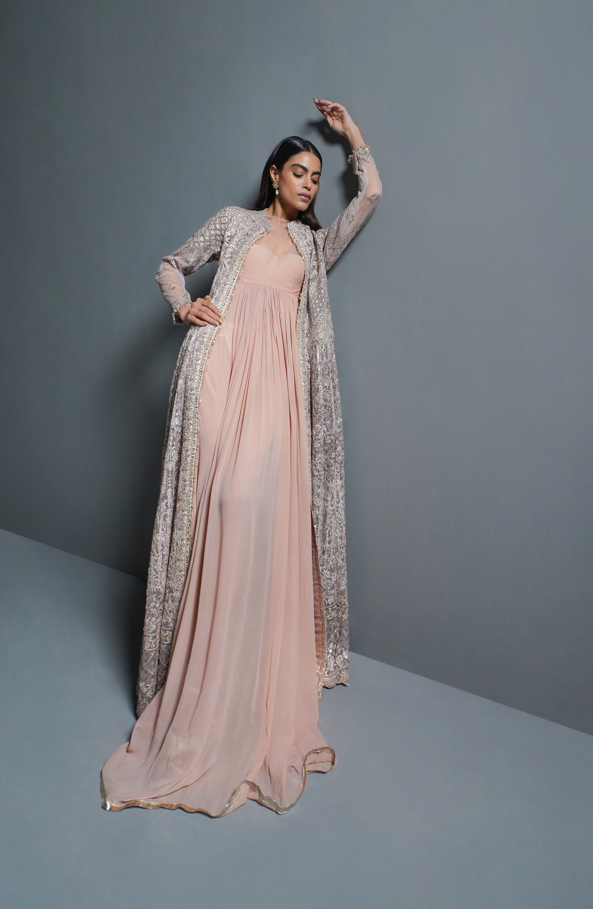 Powder Pink Embroidered Net Jacket with Chiffon Gown (2-Piece) - Image 6