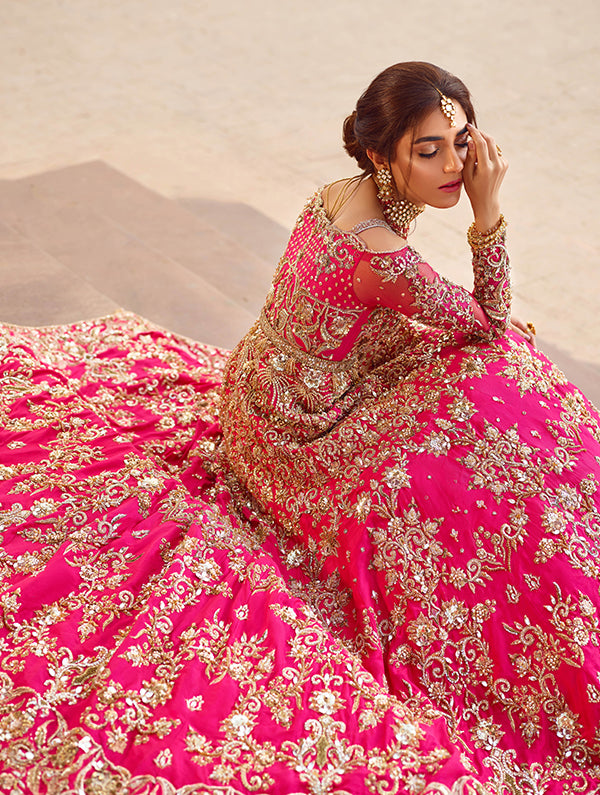 Pakistani Fuchsia Embellished Net & Tissue Bridal Gown (2-Piece) - Image 2