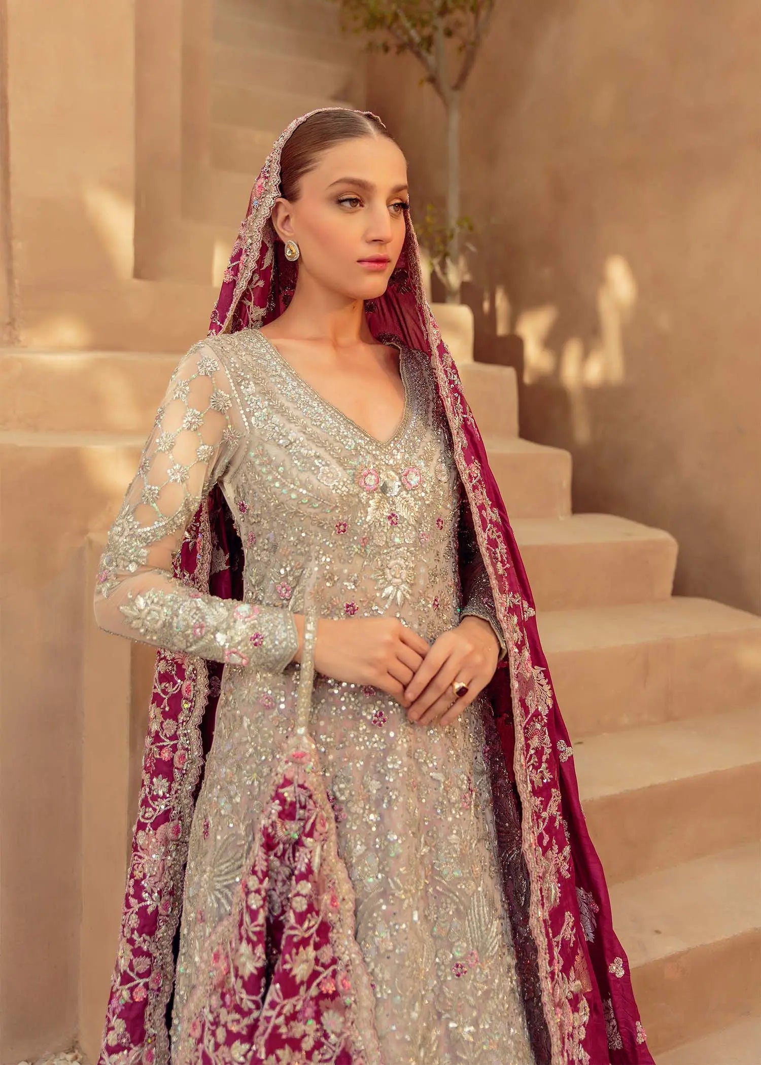 Pakistani Frost Pink Embellished Net Bridal Gown (2-Piece) - Image 5