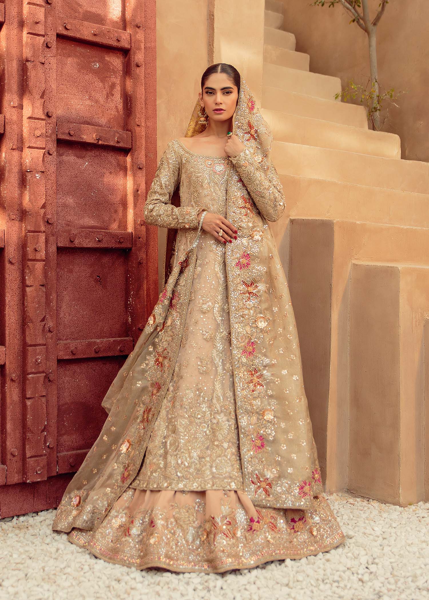 Pakistani Salmon Sage Embellished Net Bridal Gown (2-Piece) - Image 1