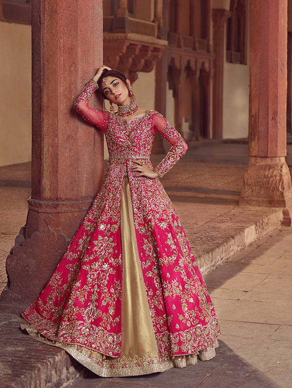 Pakistani Fuchsia Zardozi Net Bridal Gown (3-Piece) - Image 1