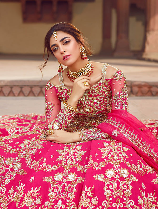 Pakistani Fuchsia Zardozi Net Bridal Gown (3-Piece) - Image 3