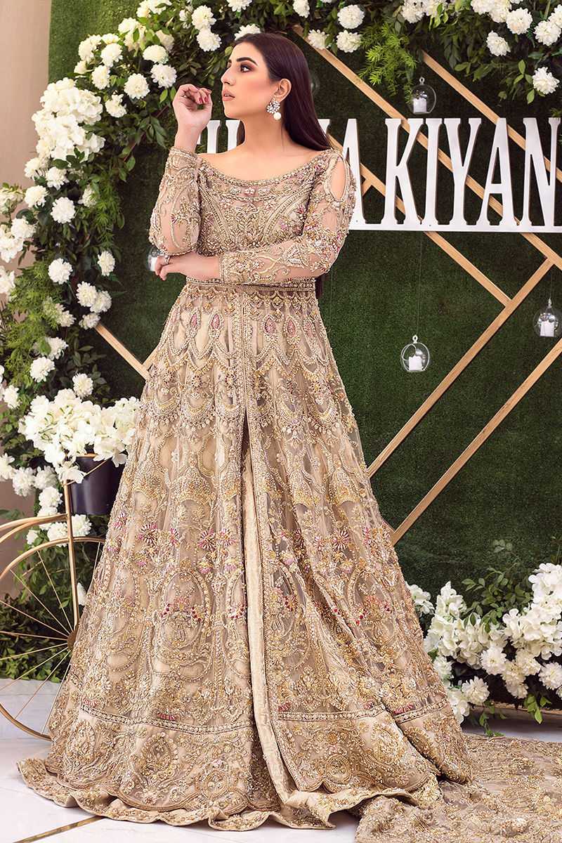 Peach Embellished Net Bridal Gown (1-Pc) - Image 1