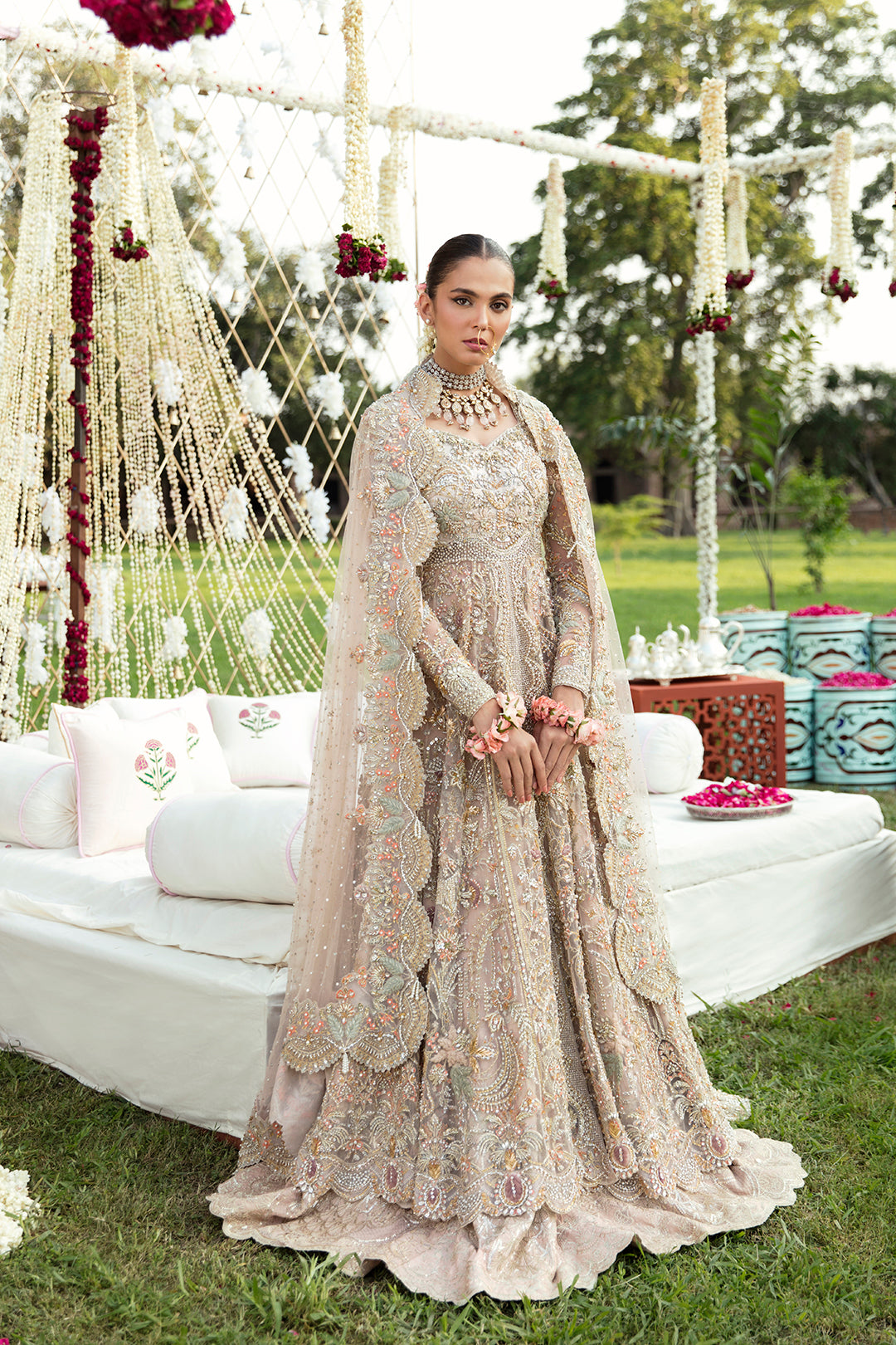 Pakistani Soft Blush Embellished Net Bridal Gown (2-Piece) - Image 1