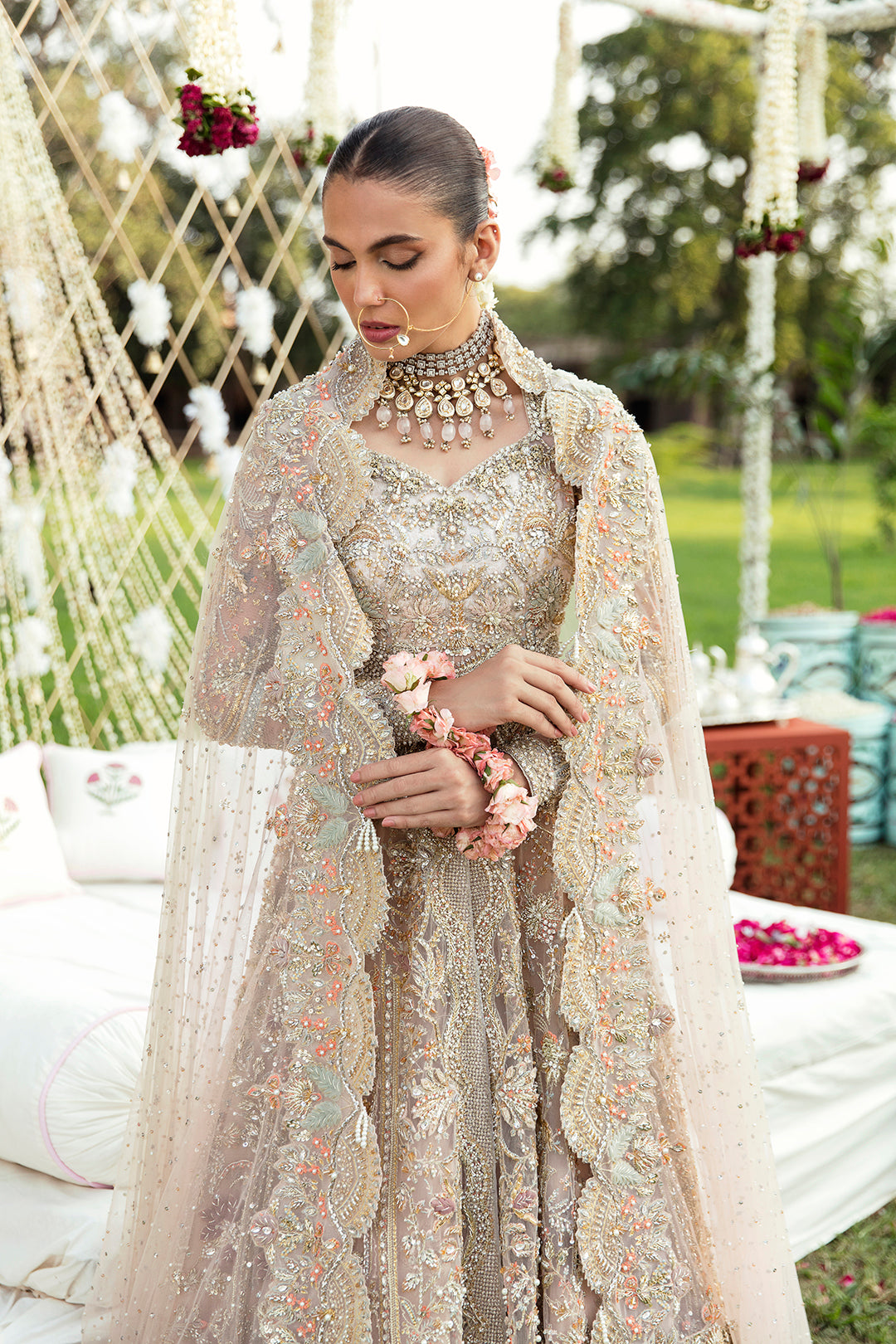 Pakistani Soft Blush Embellished Net Bridal Gown (2-Piece) - Image 2