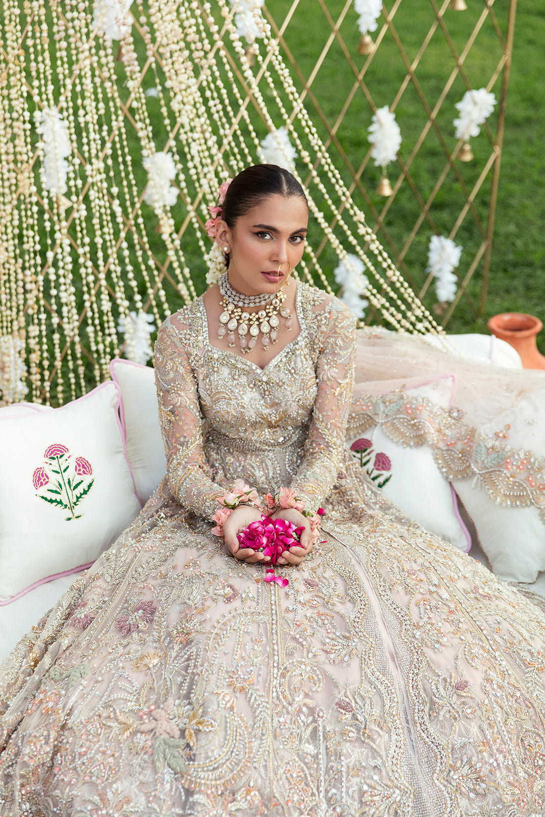 Pakistani Soft Blush Embellished Net Bridal Gown (2-Piece) - Image 3