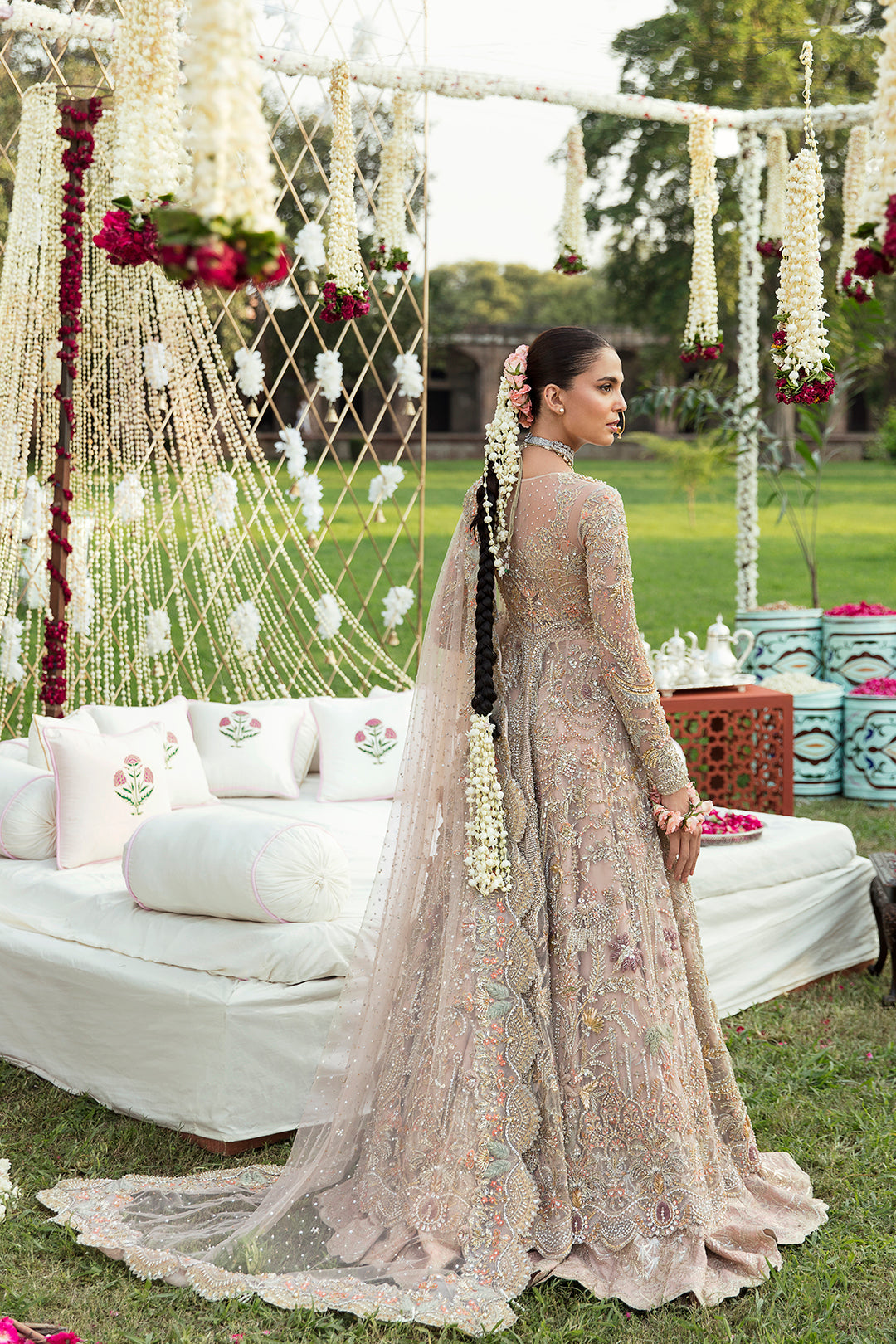 Pakistani Soft Blush Embellished Net Bridal Gown (2-Piece) - Image 4