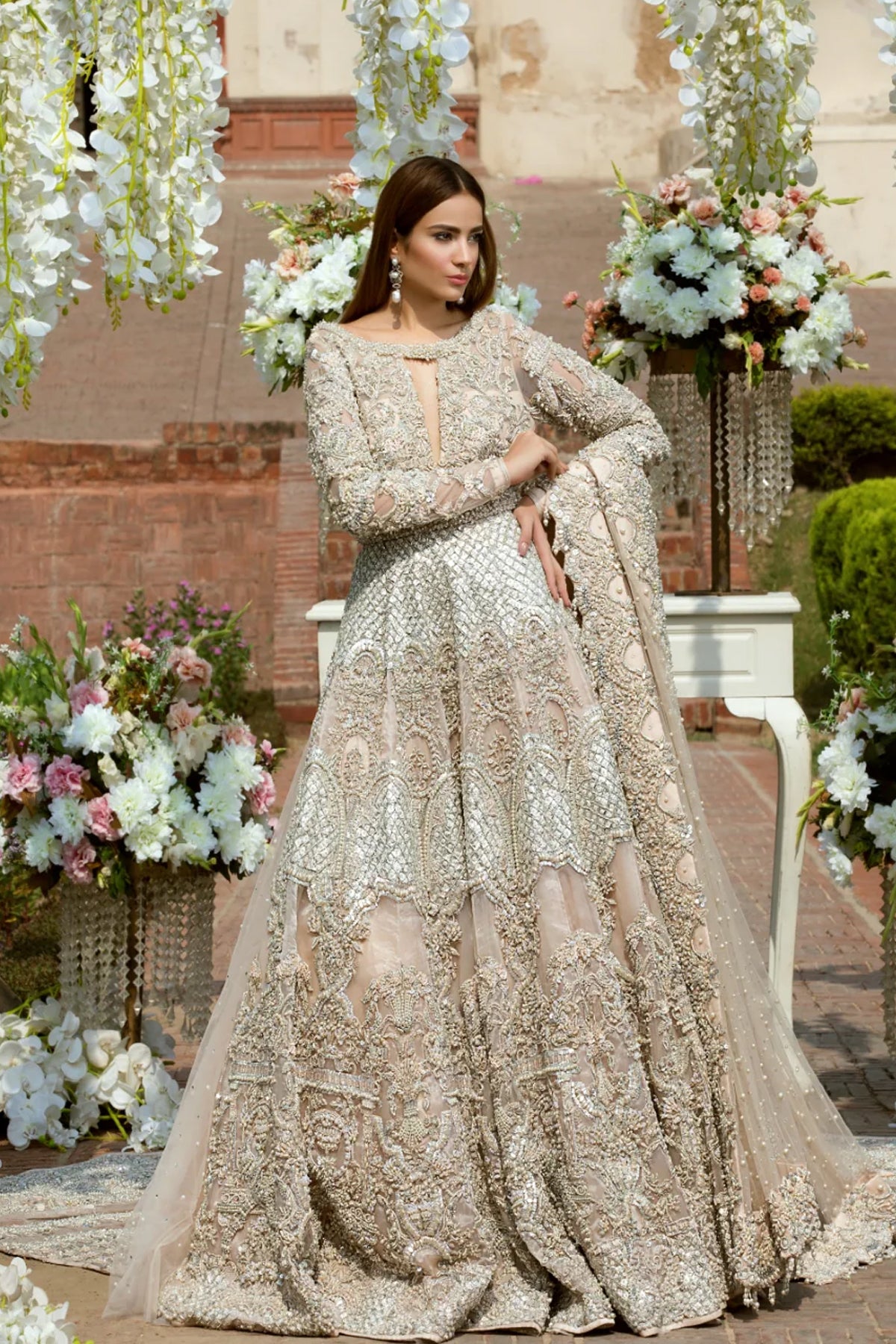 Pakistani Blush Pink Embellished Net Bridal Gown (2-Piece) - Image 1