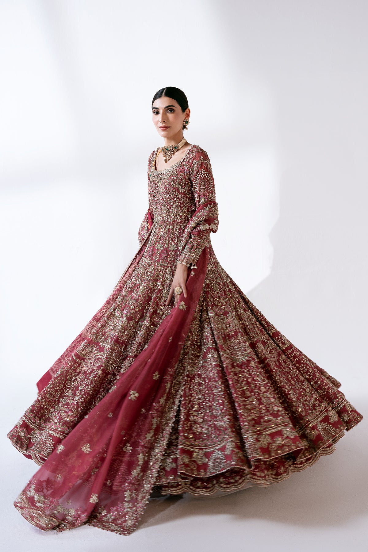 Mulberry Pink Embellished Net Bridal Gown (2-Piece) - Image 1