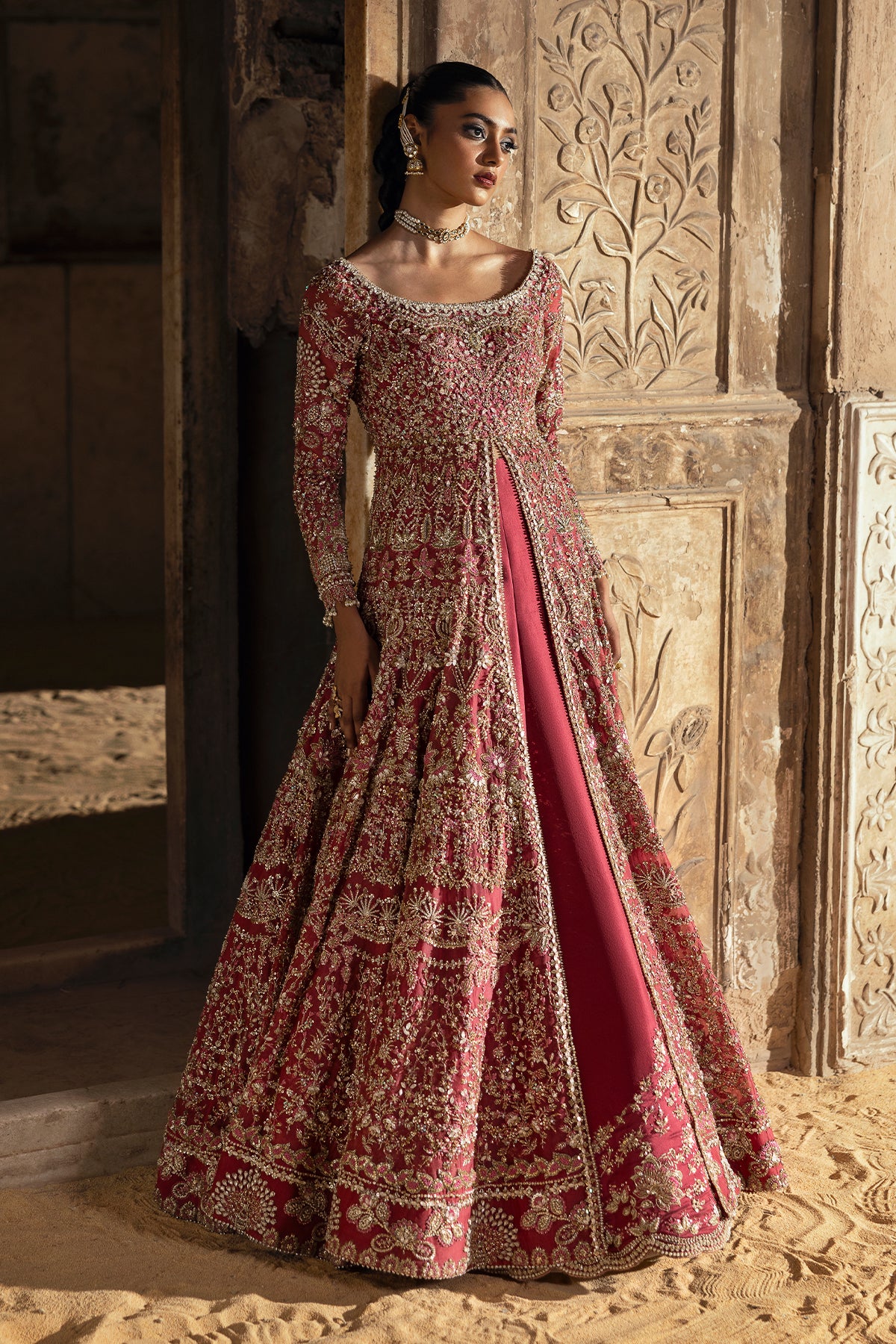 Mulberry Pink Embellished Net Bridal Gown (2-Piece) - Image 11