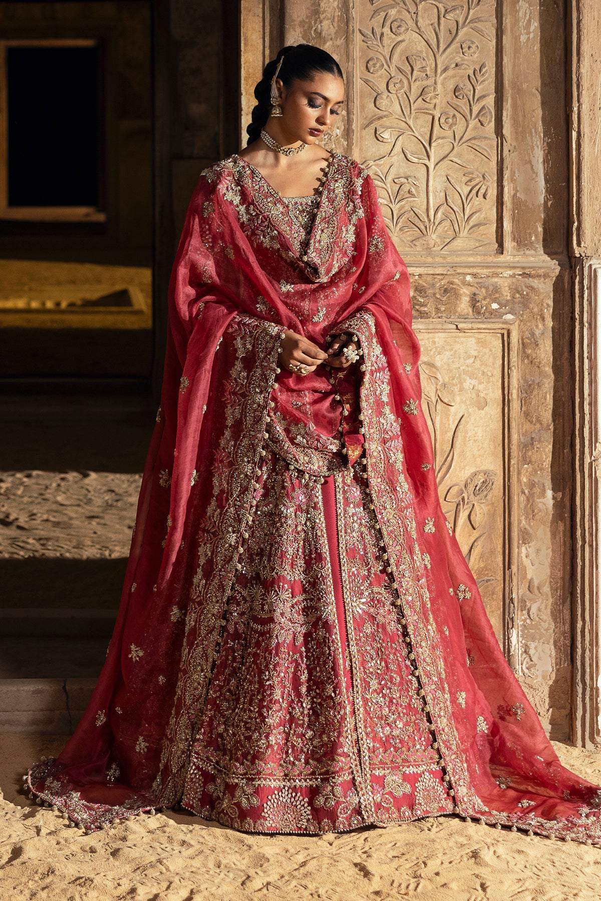 Mulberry Pink Embellished Net Bridal Gown (2-Piece) - Image 12