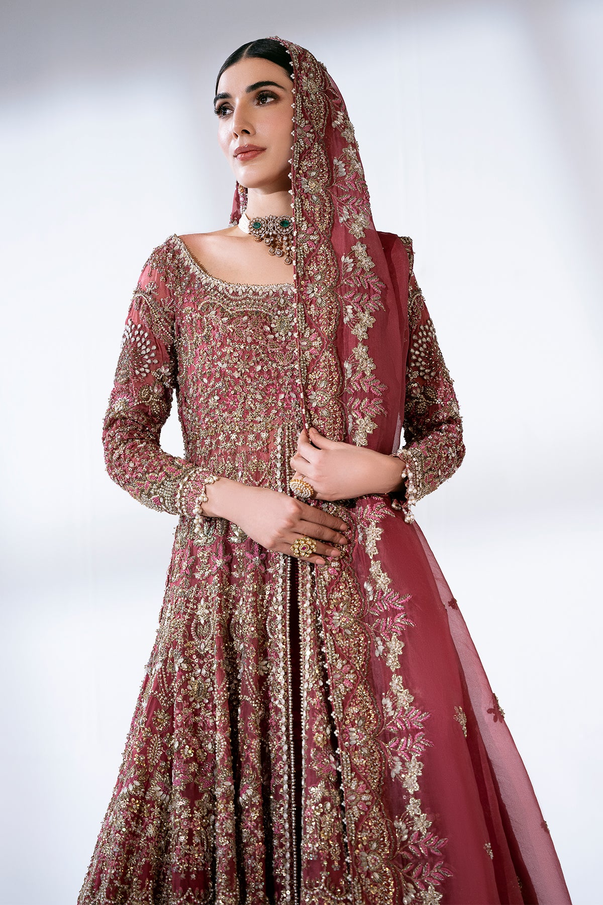 Mulberry Pink Embellished Net Bridal Gown (2-Piece) - Image 2