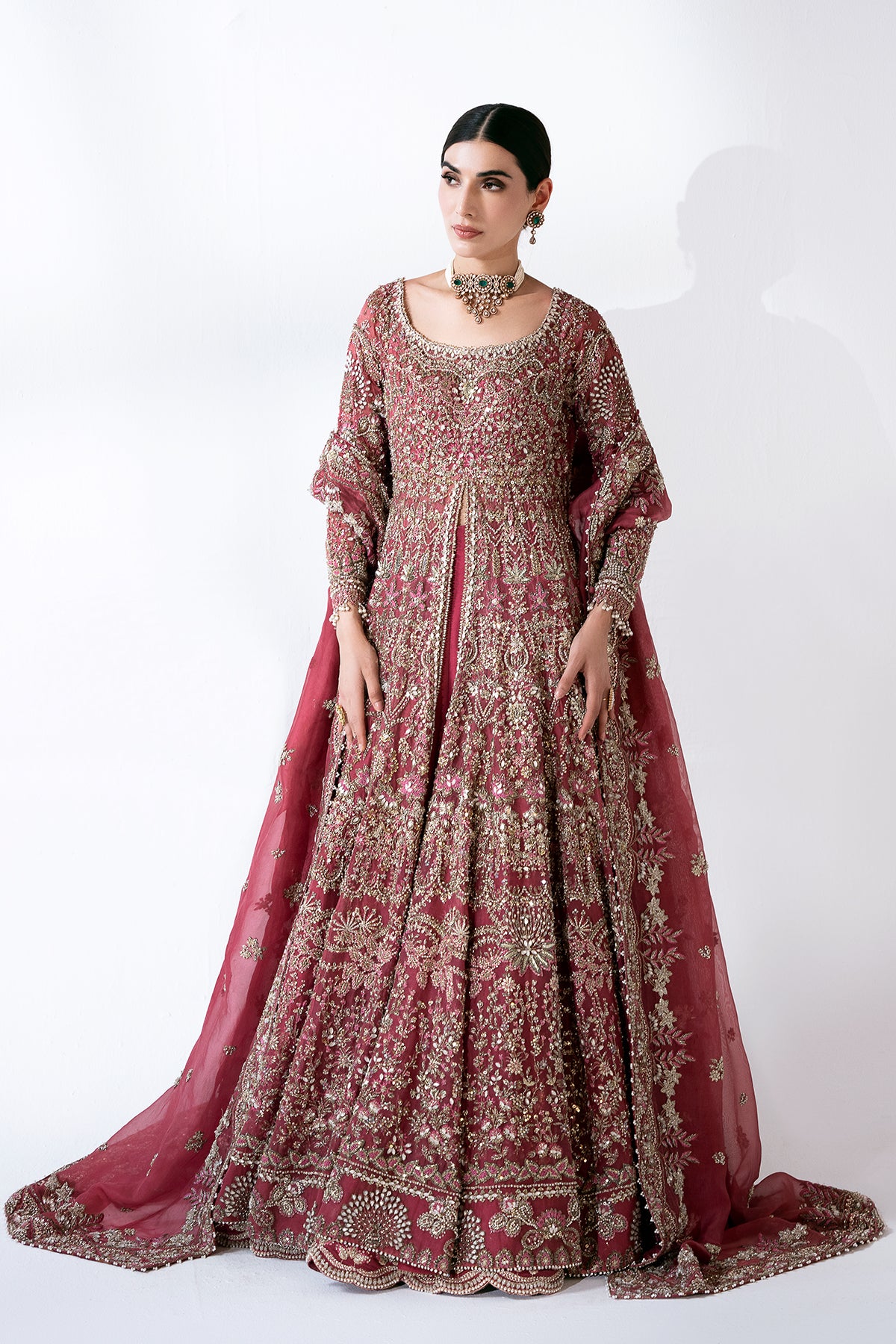 Mulberry Pink Embellished Net Bridal Gown (2-Piece) - Image 3