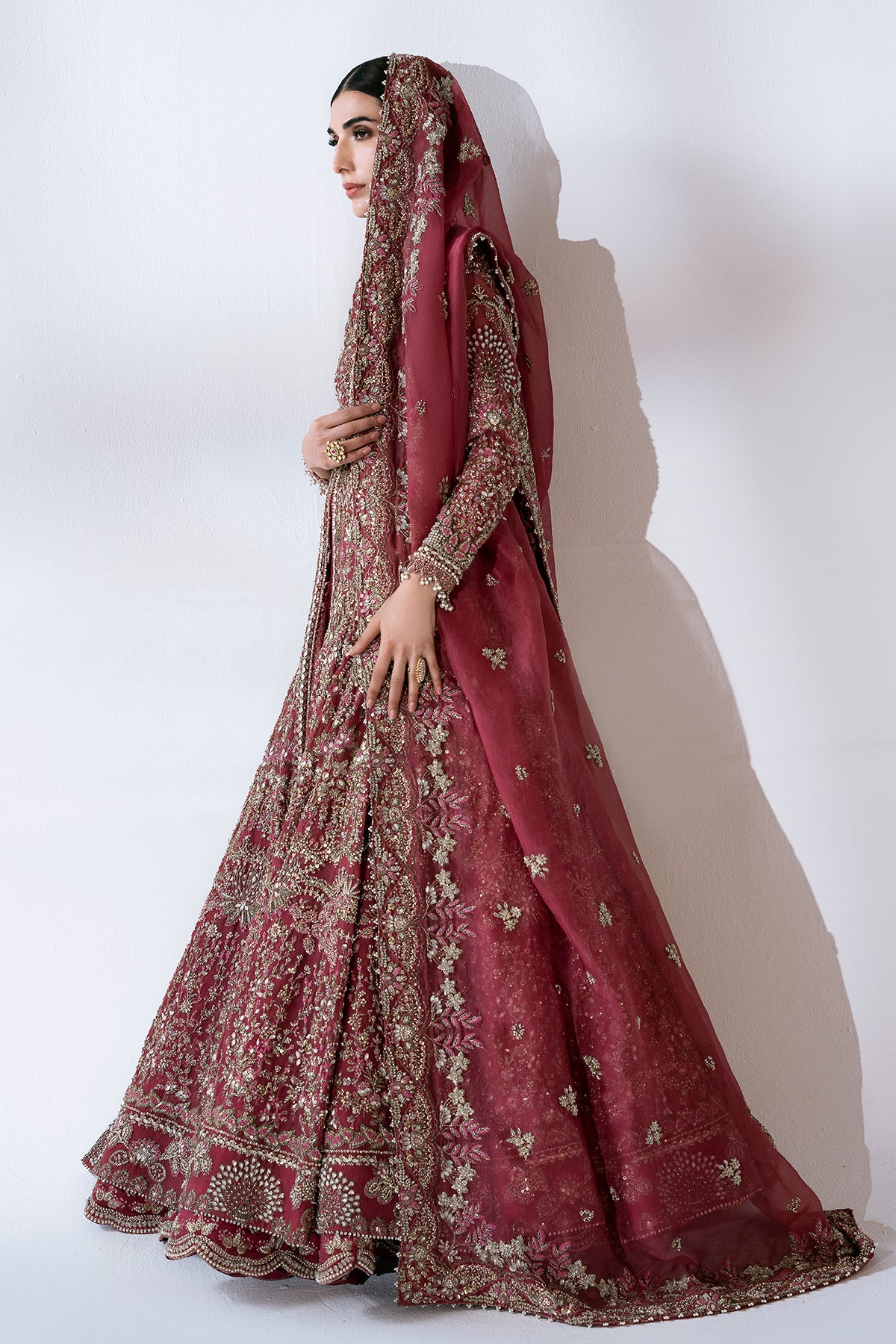 Mulberry Pink Embellished Net Bridal Gown (2-Piece) - Image 9