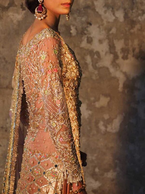 Pakistani Peach Zardozi Mirror Work Net Bridal Gown (2-Piece) - Image 1