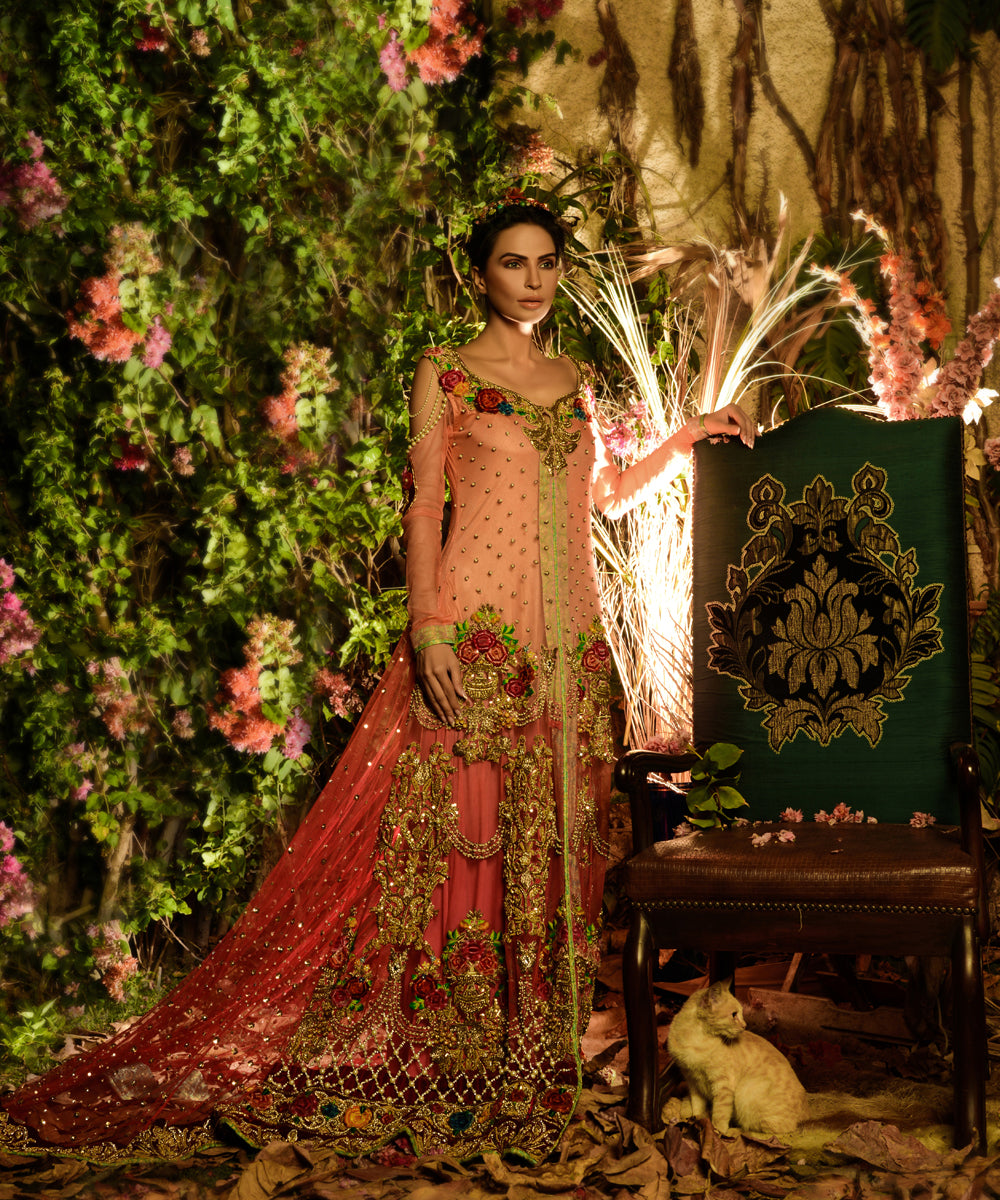 Pakistani Peach & Deep Red Zardozi Net Bridal Gown (1-Pc) - Image 1