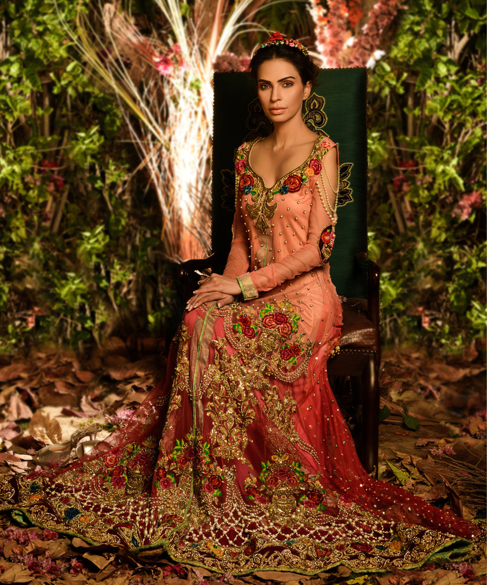 Pakistani Peach & Deep Red Zardozi Net Bridal Gown (1-Pc) - Image 3