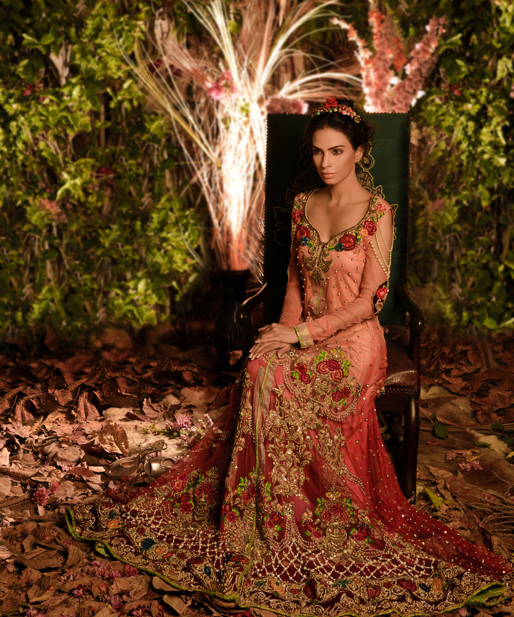 Pakistani Peach & Deep Red Zardozi Net Bridal Gown (1-Pc) - Image 4