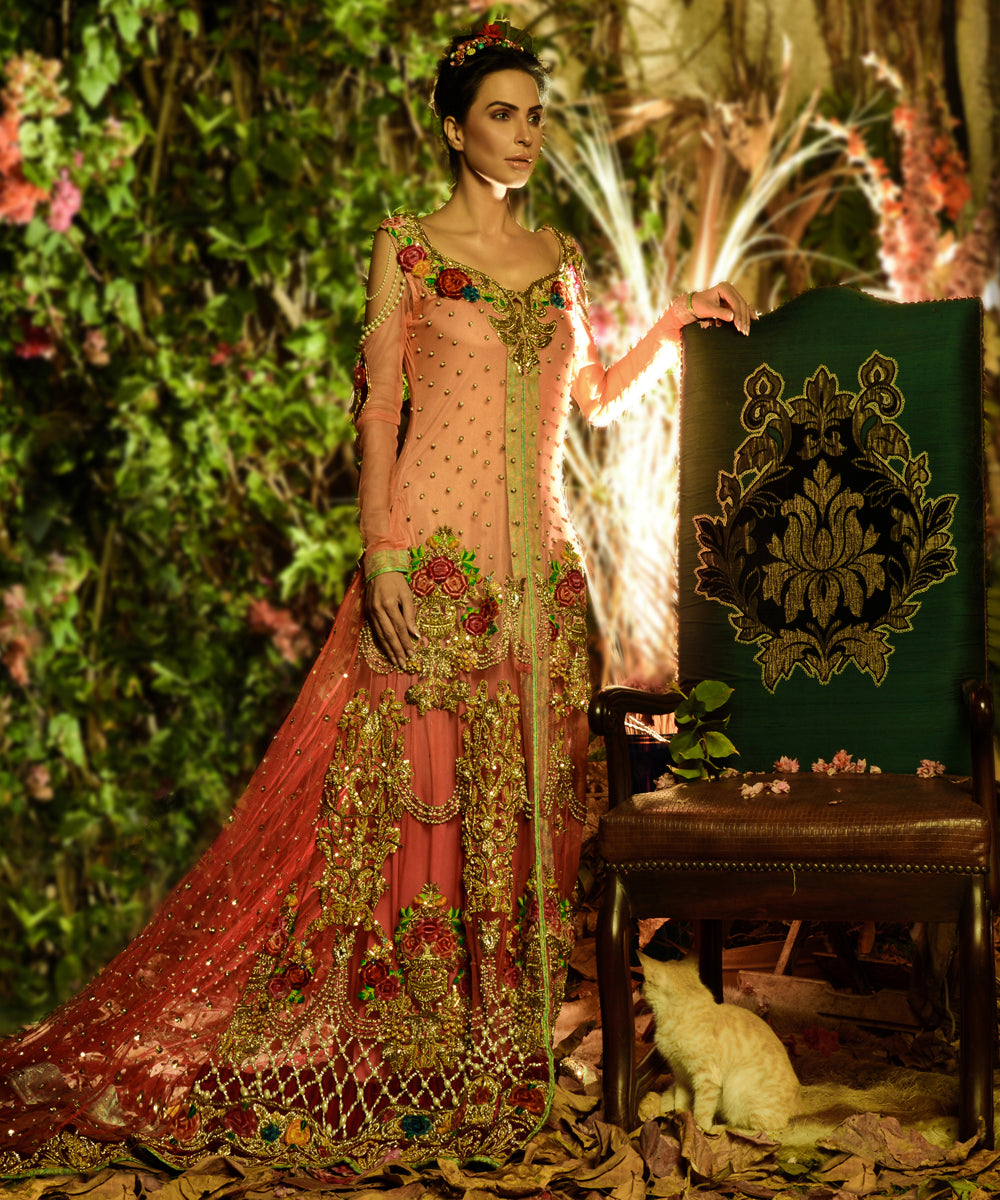 Pakistani Peach & Deep Red Zardozi Net Bridal Gown (1-Pc) - Image 5