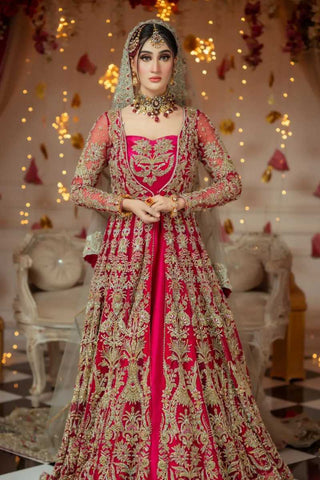 Deep Pink Embroidered Net Bridal Gown (2-Piece) - Image 2