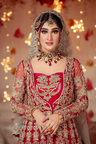 Deep Pink Embroidered Net Bridal Gown (2-Piece) - Image 3