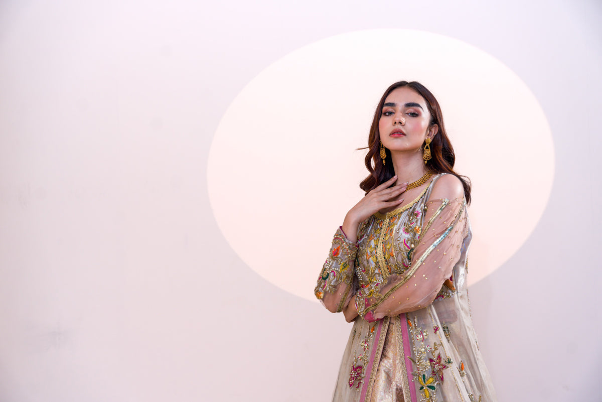 Pakistani Pastel Embroidered Organza Open-Front Gown (2-Piece) - Image 4