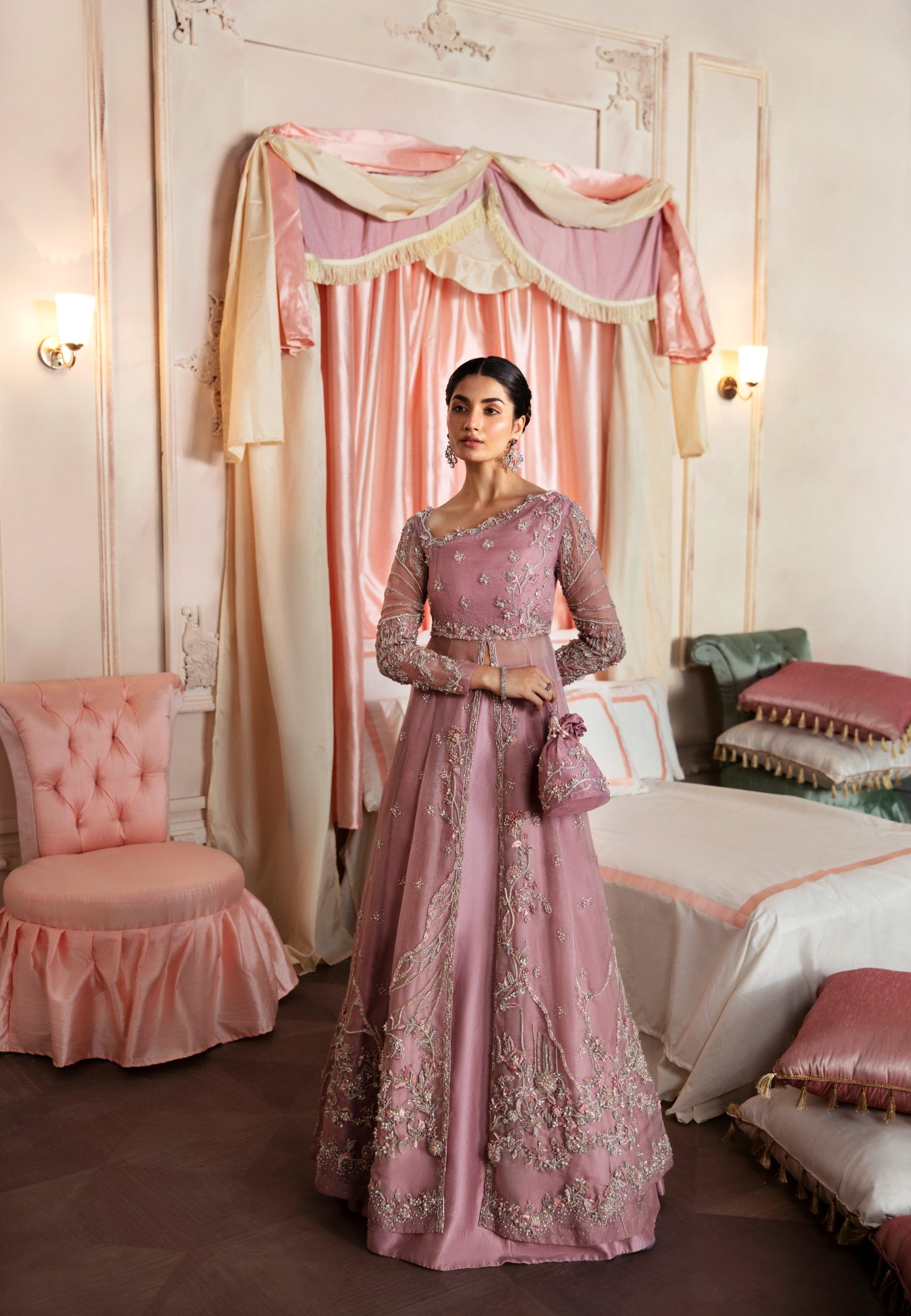 Pakistani Dusty Rose Embellished Organza Gown (2-Piece) - Image 1
