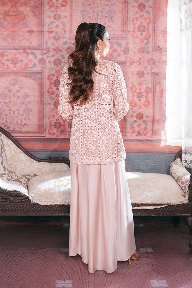 Pakistani Soft Pink Embroidered Organza Jacket Gown (2-Piece) - Image 2