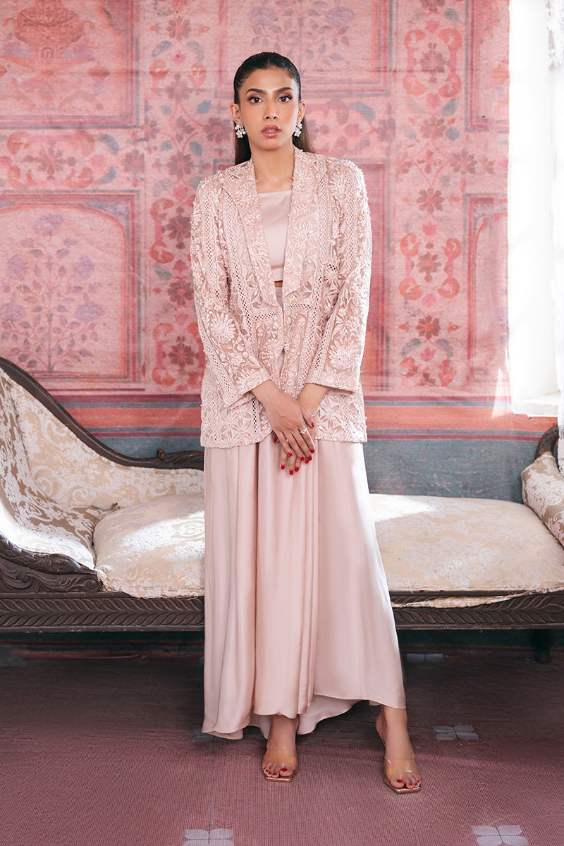 Pakistani Soft Pink Embroidered Organza Jacket Gown (2-Piece) - Image 3