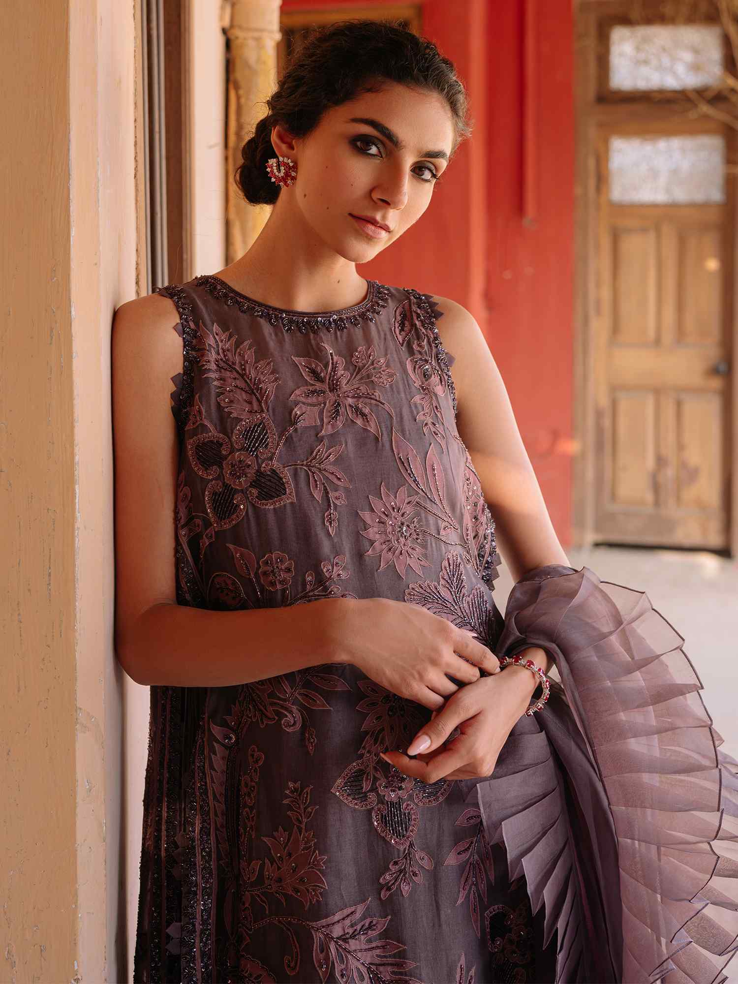 Mauve Zardozi Beaded Organza & Silk Gown (2-Piece) - Image 2