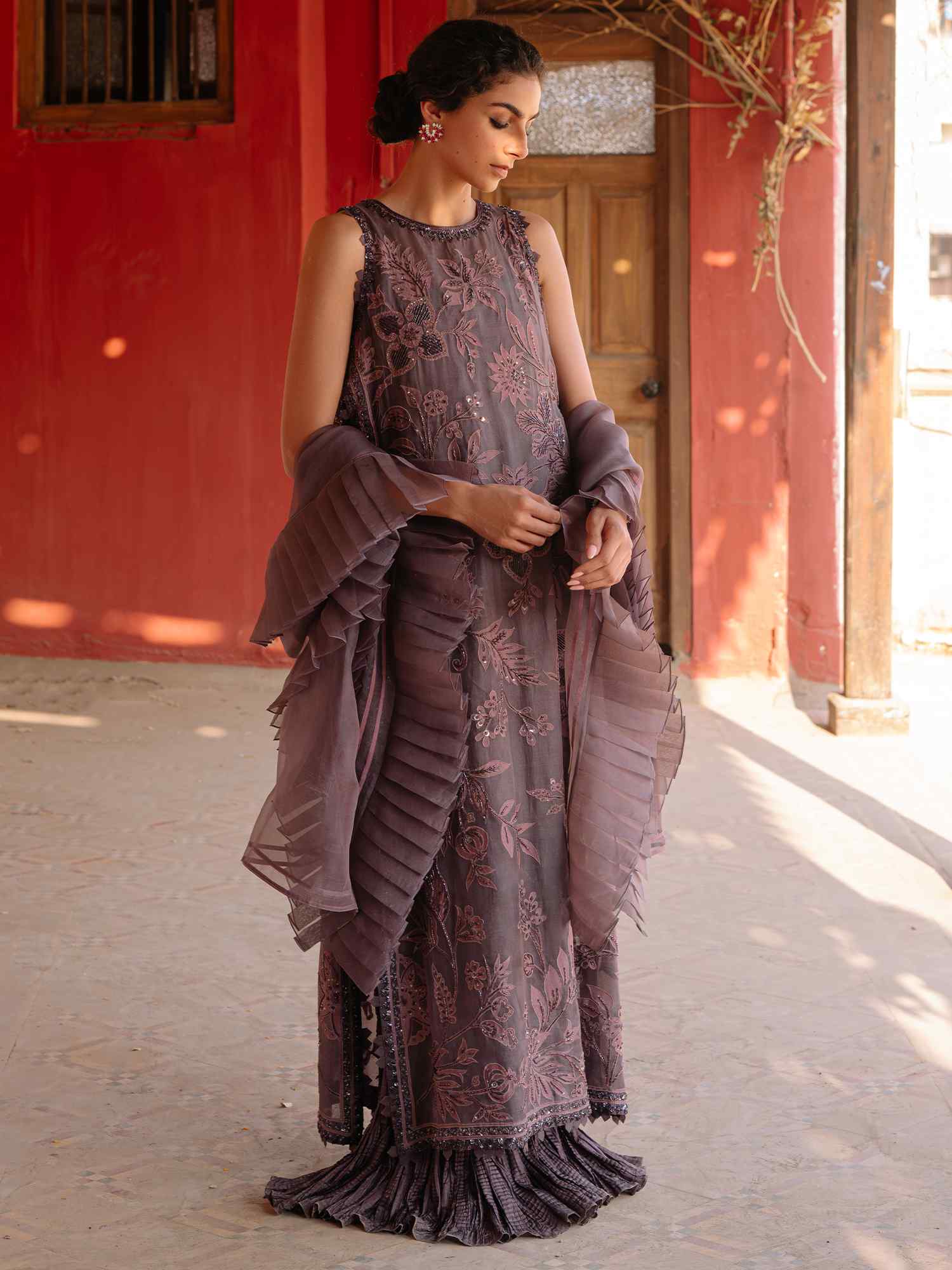 Mauve Zardozi Beaded Organza & Silk Gown (2-Piece) - Image 3