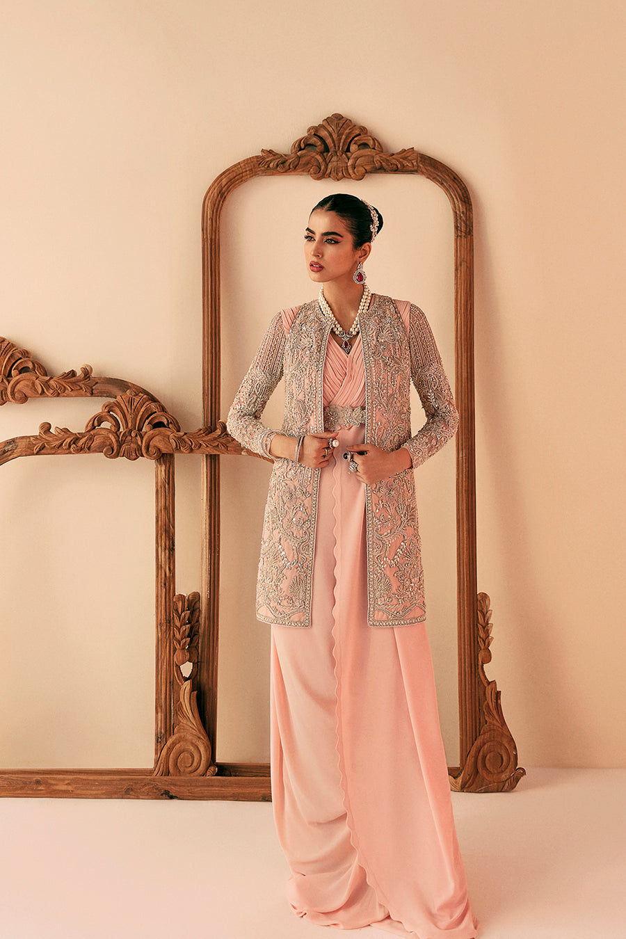 Peach Embroidered Organza Gown with Pants (3-Piece) - Image 1