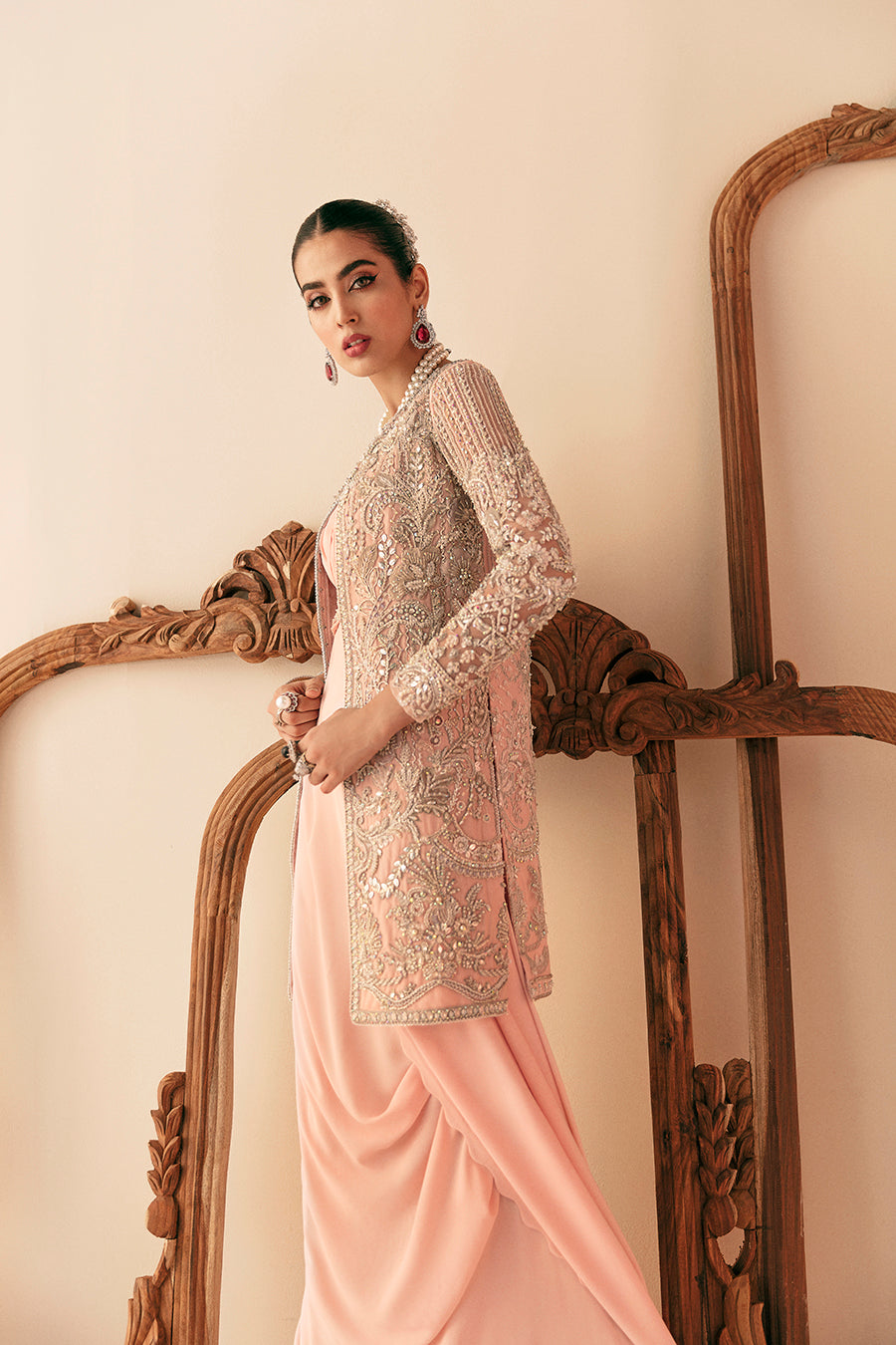 Peach Embroidered Organza Gown with Pants (3-Piece) - Image 2