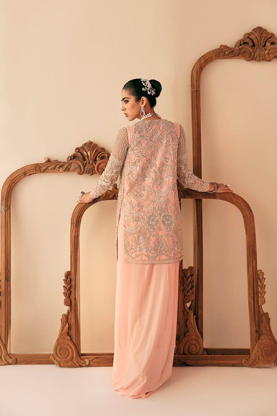 Peach Embroidered Organza Gown with Pants (3-Piece) - Image 3