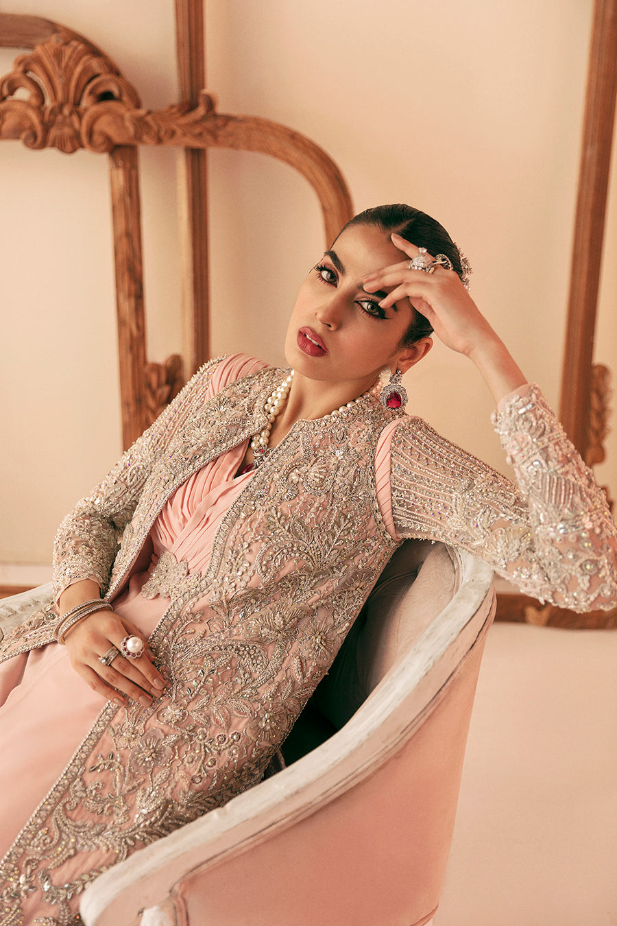 Peach Embroidered Organza Gown with Pants (3-Piece) - Image 4