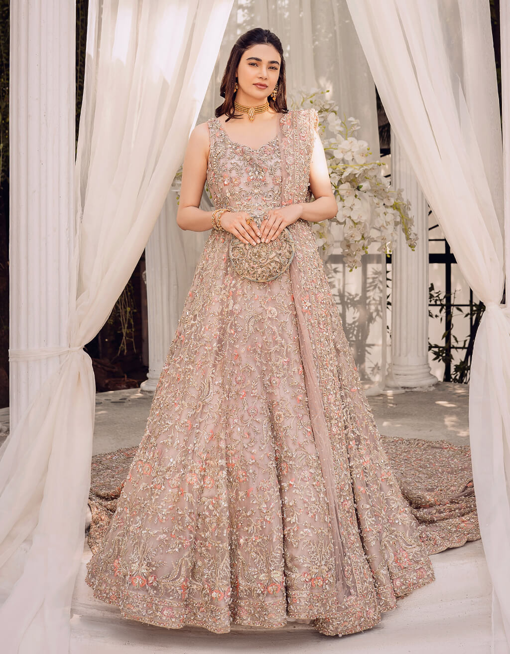 Pakistani Blush Pink Embroidered Organza 24-Kali Gown (2-Piece) - Image 1