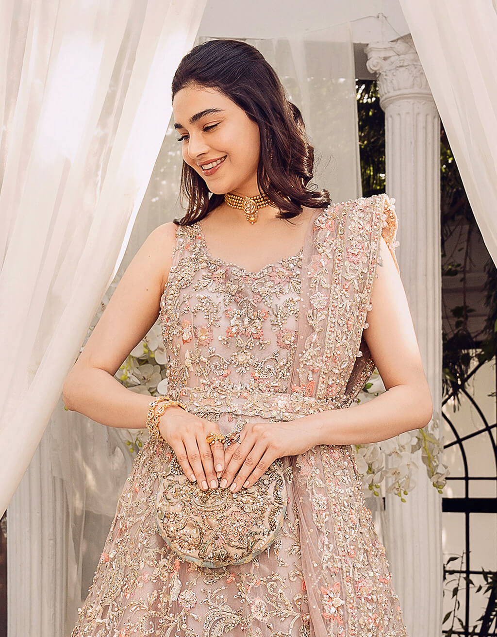 Pakistani Blush Pink Embroidered Organza 24-Kali Gown (2-Piece) - Image 2