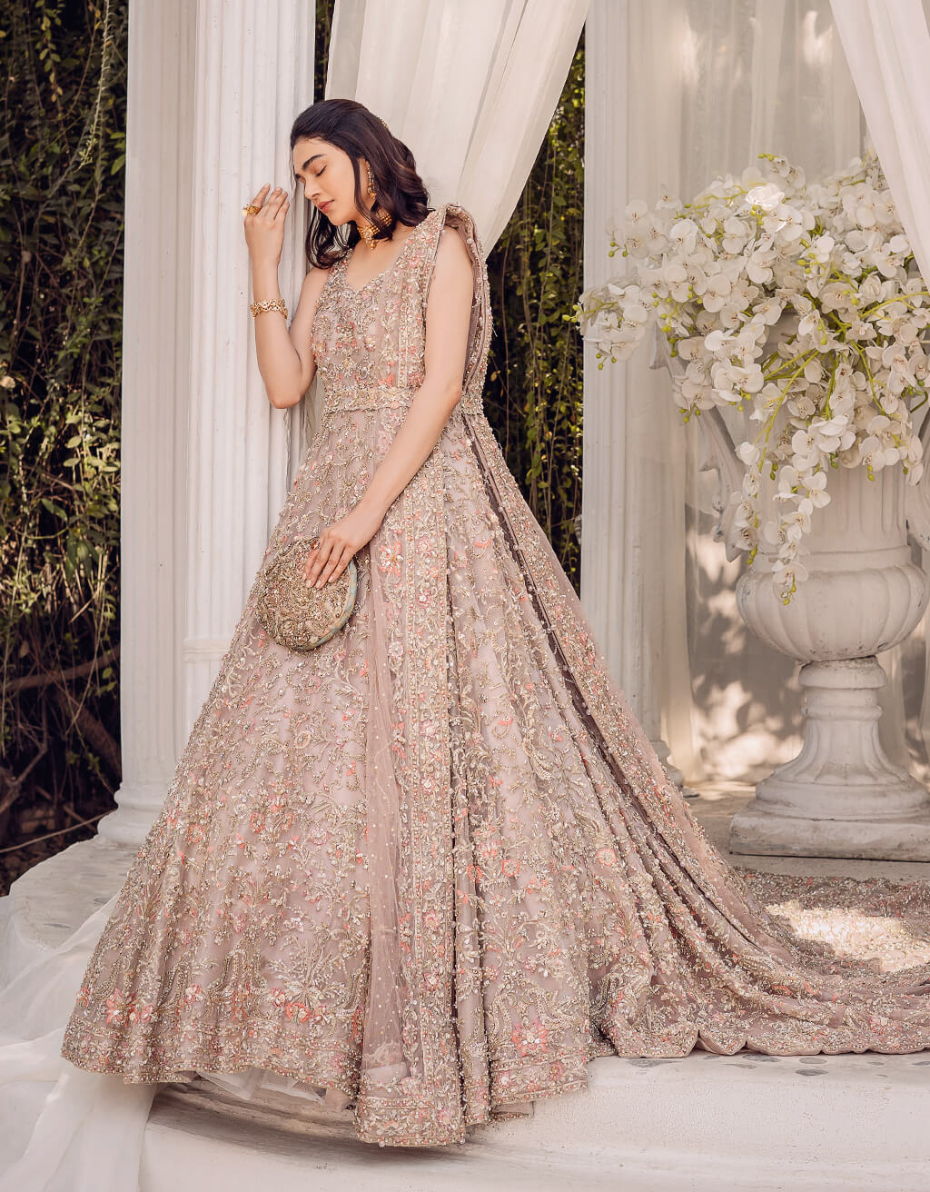Pakistani Blush Pink Embroidered Organza 24-Kali Gown (2-Piece) - Image 5