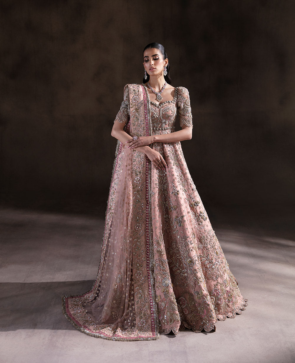 Pakistani Peach Ganga Jamni Embroidered Organza Gown (2-Piece) - Image 2