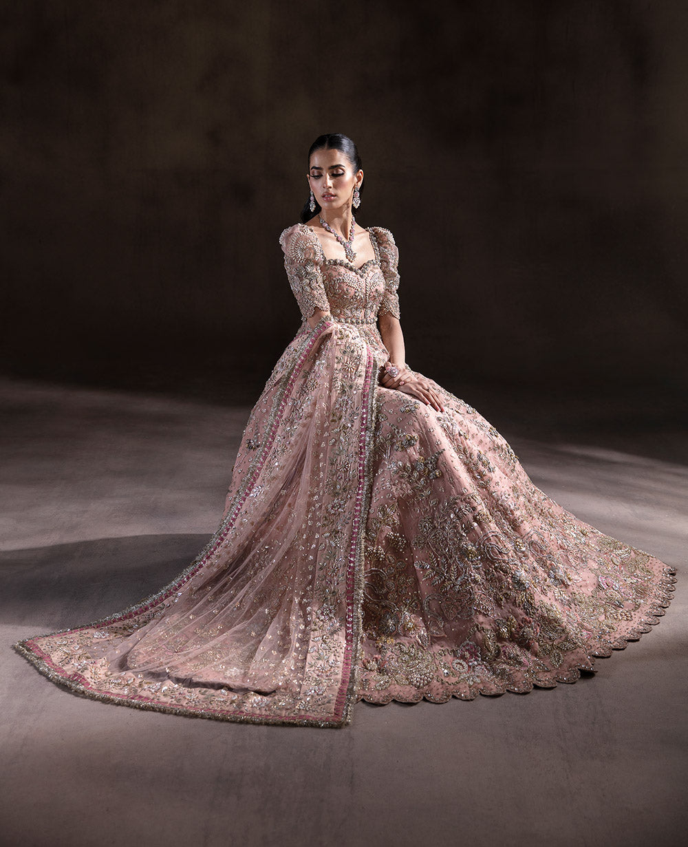 Pakistani Peach Ganga Jamni Embroidered Organza Gown (2-Piece) - Image 3